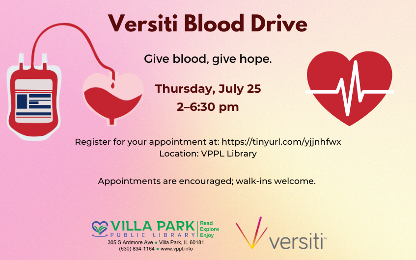 Background shows a pink to yellow gradient. Text is dark red and black, and reads Versiti Blood Drive: Give blood, give hope. Thursday, July