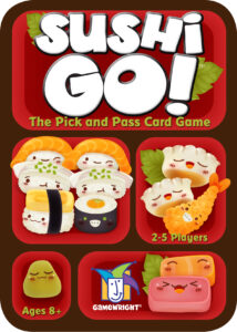 Red board game cover of Sushi Go! Includes cartoon sushi. 