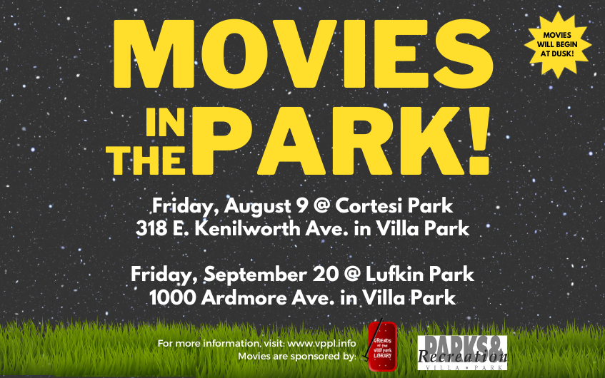 Movies in the Park sign with dates and times for the upcoming Movies in the Park.